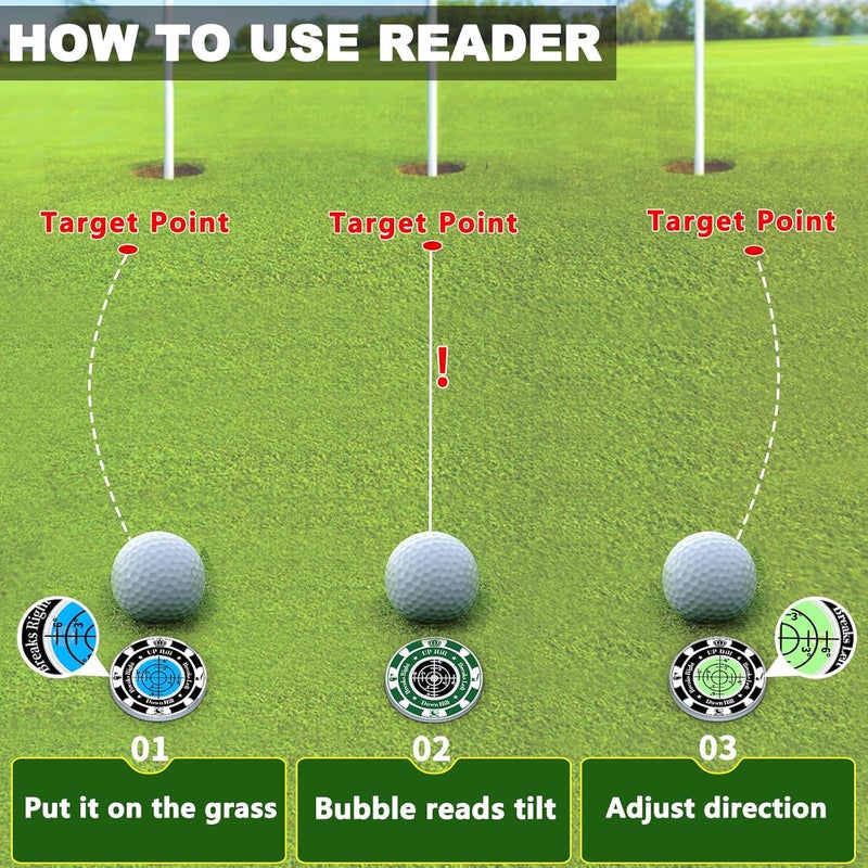 Tsocent Golf Green Reader, 2 Pack Ball Marker for Putting Green with High Precision Horizontal Bubble, Golf Accessories Putt Aid Tool with Hat Clip, Present for Men Women - Image 4